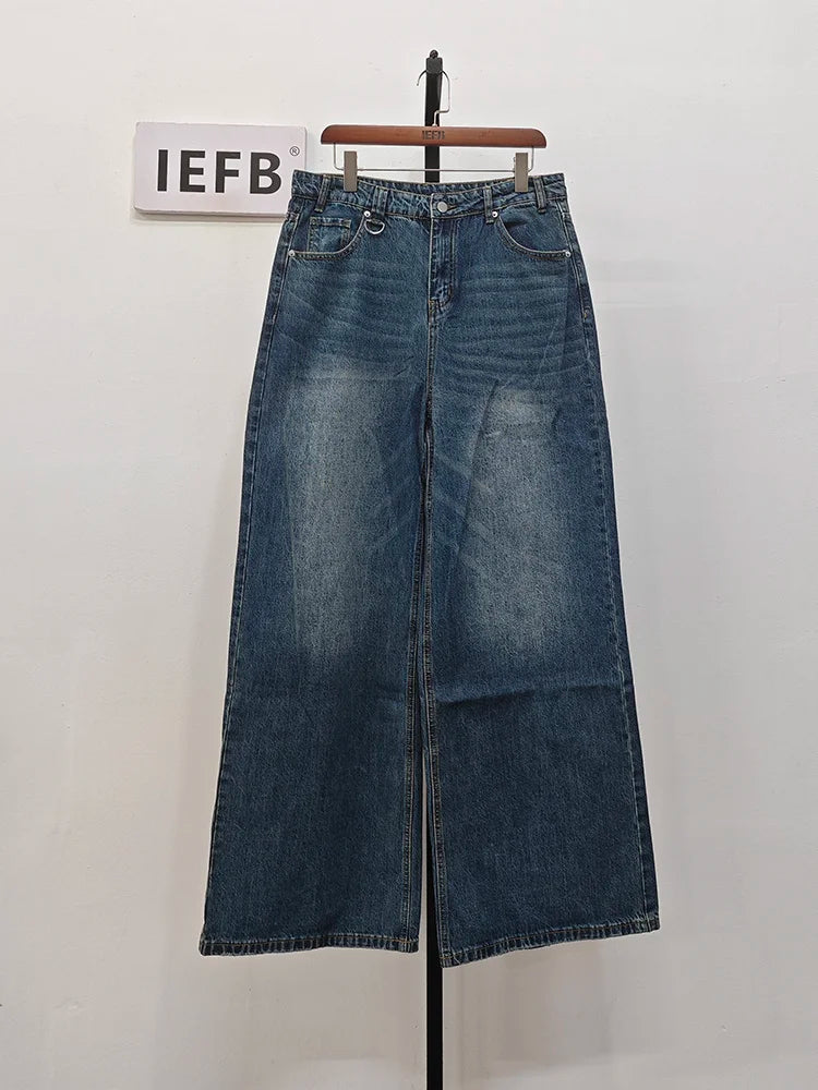 IEFB, pantalones vaqueros de verano para hombre, pantalones vaqueros lavados de color azul viejo para hombre, ropa informal recta para hombre, pantalones sueltos de pierna ancha, nueva moda 9C354