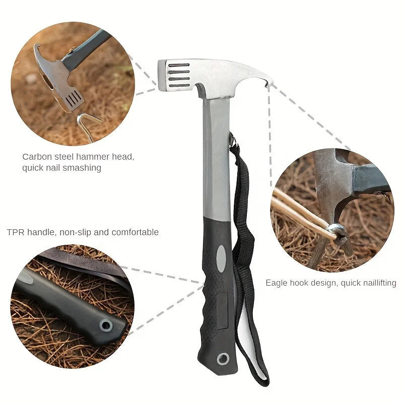 Martillo multiusos para acampar de alta resistencia con removedor de postes de tienda y cinturón de agarre de seguridad, herramientas esenciales para acampar y hacer senderismo al aire libre