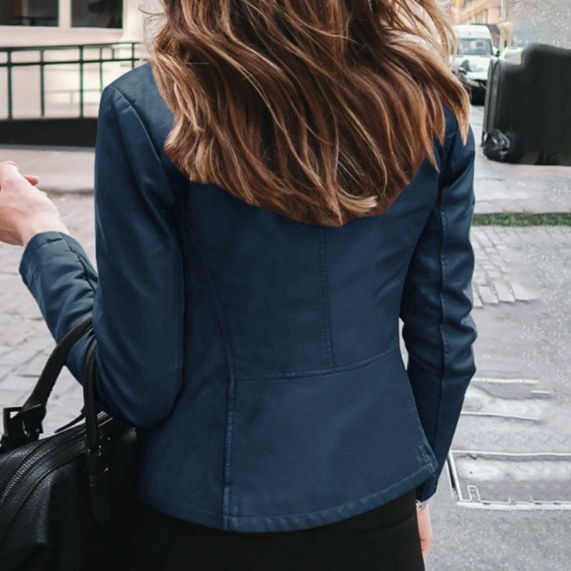 Chaqueta ajustada de piel sintética para mujer, chaqueta clásica de motociclista de PU, abrigo básico con cremallera para primavera y otoño