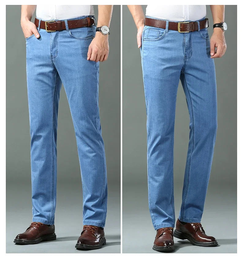 Nuevos pantalones vaqueros finos de seda de hielo para hombres, pantalones de algodón elásticos rectos azules, pantalones ligeros informales de negocios para primavera y verano