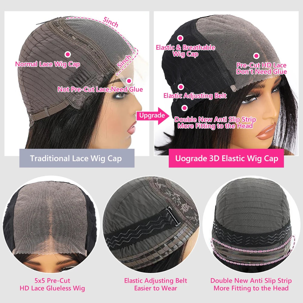 Wear and Go peluca sin pegamento Bob cabello humano liso corto Bob peluca cabello humano pelucas sin pegamento para principiantes peluca con cierre de encaje para mujeres