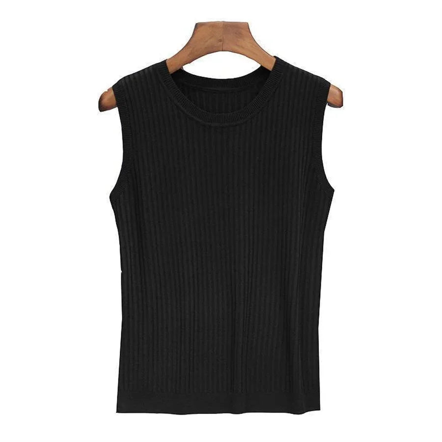 Blusa sin mangas de verano para mujer, blusa tejida con cuello redondo, camisa, ropa para mujer, Tops para mujer