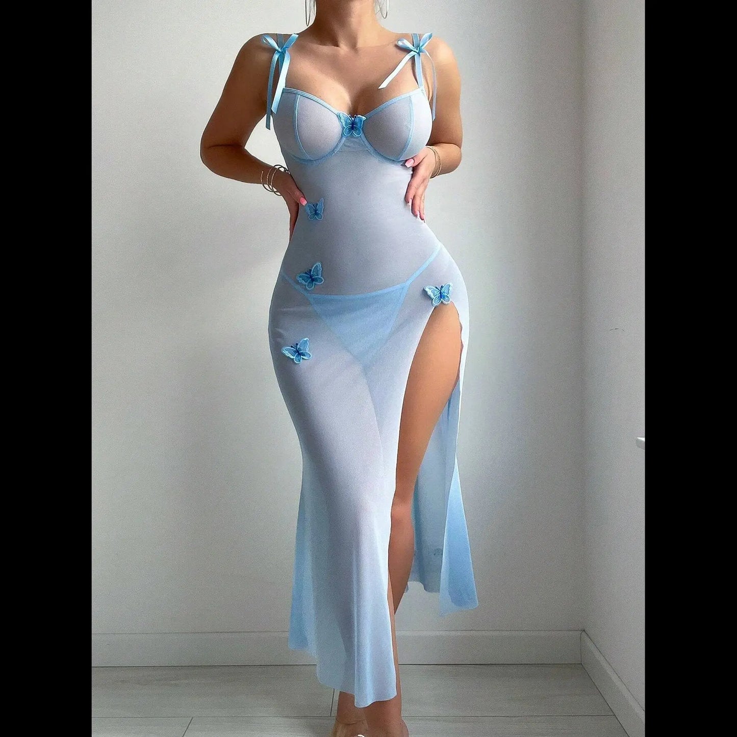 Lenceria Porn Sexy Tul Seductor Encaje Espalda Abierta y Abertura Alta Azul Claro LencerÃa Sexy Trajes De Mujer