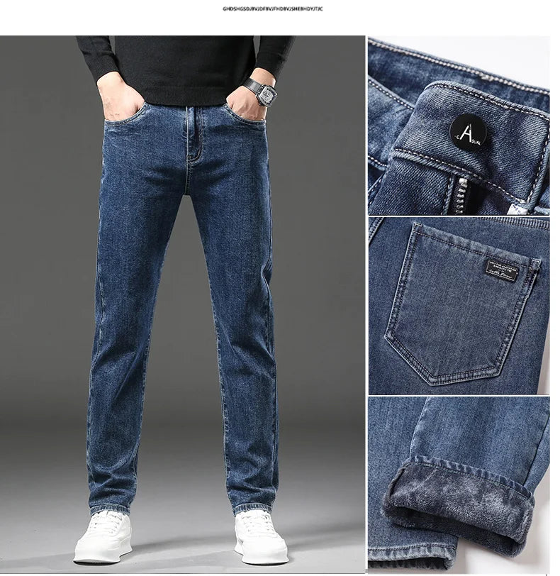 Pantalones vaqueros gruesos y cálidos de lana de invierno para hombre, pantalones vaqueros elásticos rectos ajustados, ropa informal para hombre, pantalones de felpa a la moda