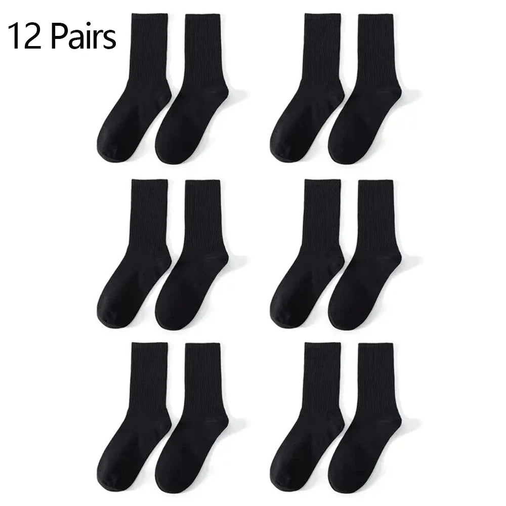 6/12 pares de calcetines de tubo medio para hombre Color sólido en blanco y negro ropa de calle Harajuku moda calcetines transpirables e informales