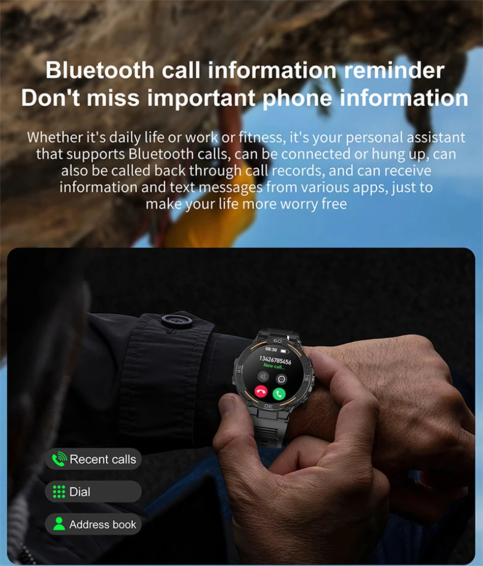 Reloj inteligente militar para hombre, dispositivo con pantalla HD de 360x360, linterna, control de la salud, resistente al agua, control del ritmo cardÃaco, llamadas BT, para Android e IOS