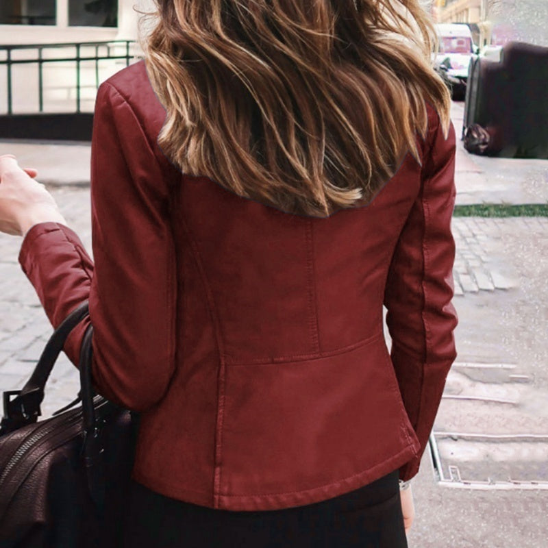 Chaqueta ajustada de piel sintética para mujer, chaqueta clásica de motociclista de PU, abrigo básico con cremallera para primavera y otoño