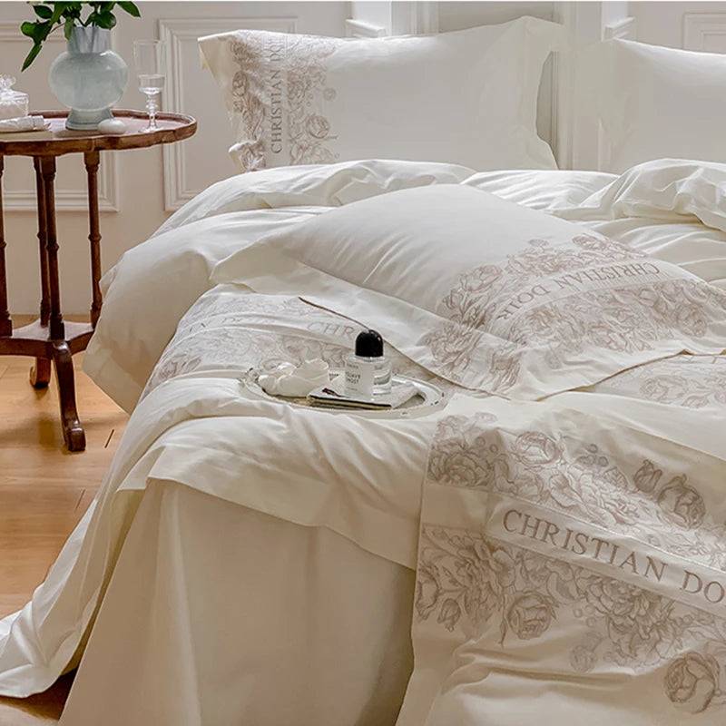 Juego de cama de algodón de grapa larga de 100 unidades, funda nórdica bordada con patrones de flores y plantas, Sábana bajera tamaño Queen TwinFull