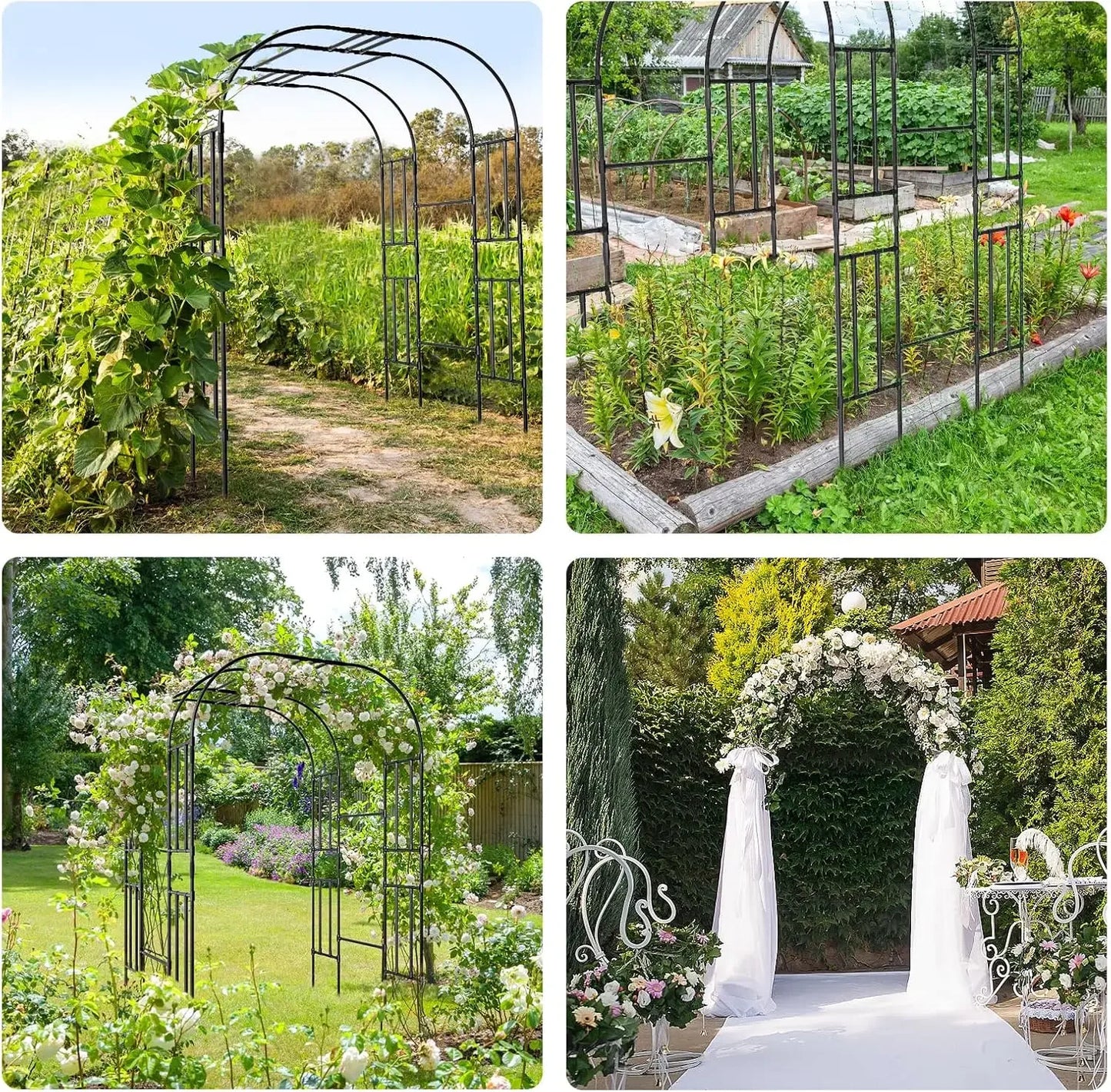 Enrejado alto de arco de jardín para plantas trepadoras, túnel de cenador de metal para exteriores - Acabado negro