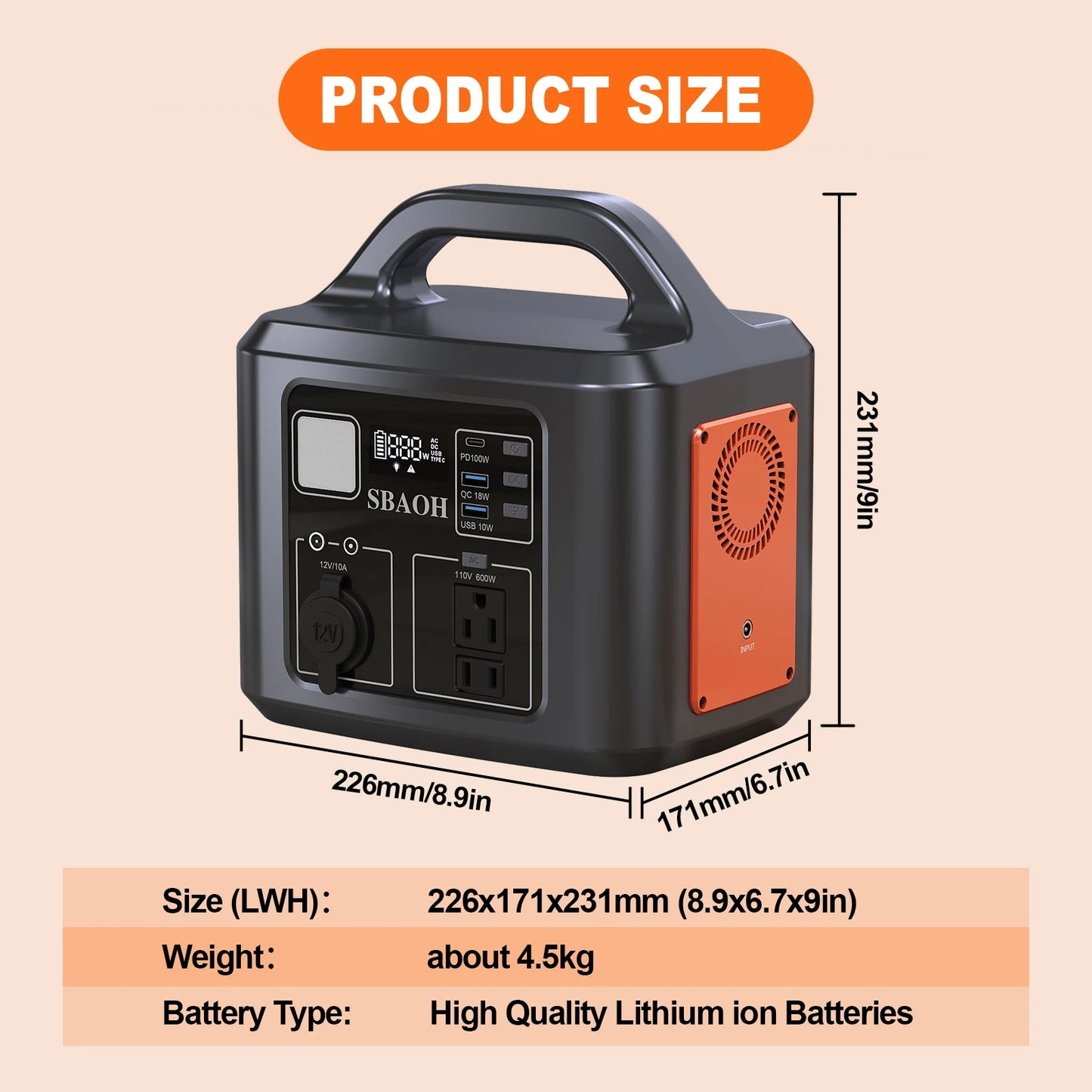 Central eléctrica SBAOH de 600 W, generador solar de 538,7 Wh 145600 mAh para acampar al aire libre, respaldo en el hogar, cortes de energía, (sin panel solar)