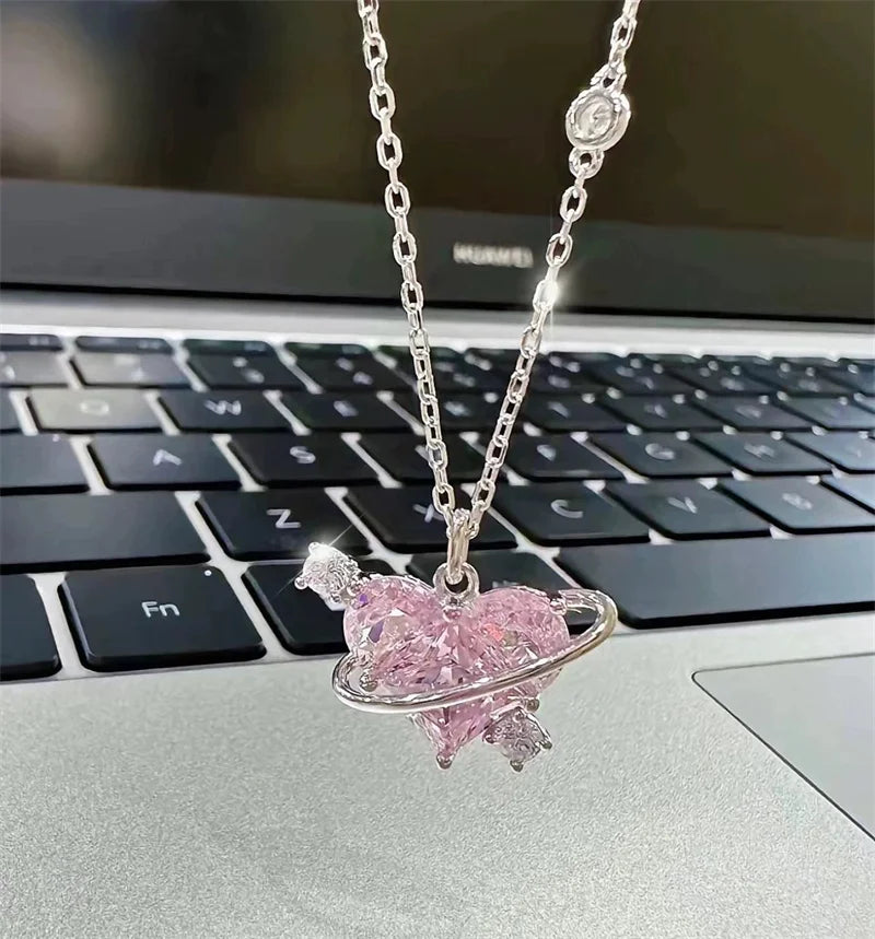 Collares con colgante de circonio y corazón de planeta rosa Y2K para mujer, collar de cadena de clavÃcula estética a la moda, regalo del DÃa de San ValentÃn, joyerÃa para fiesta