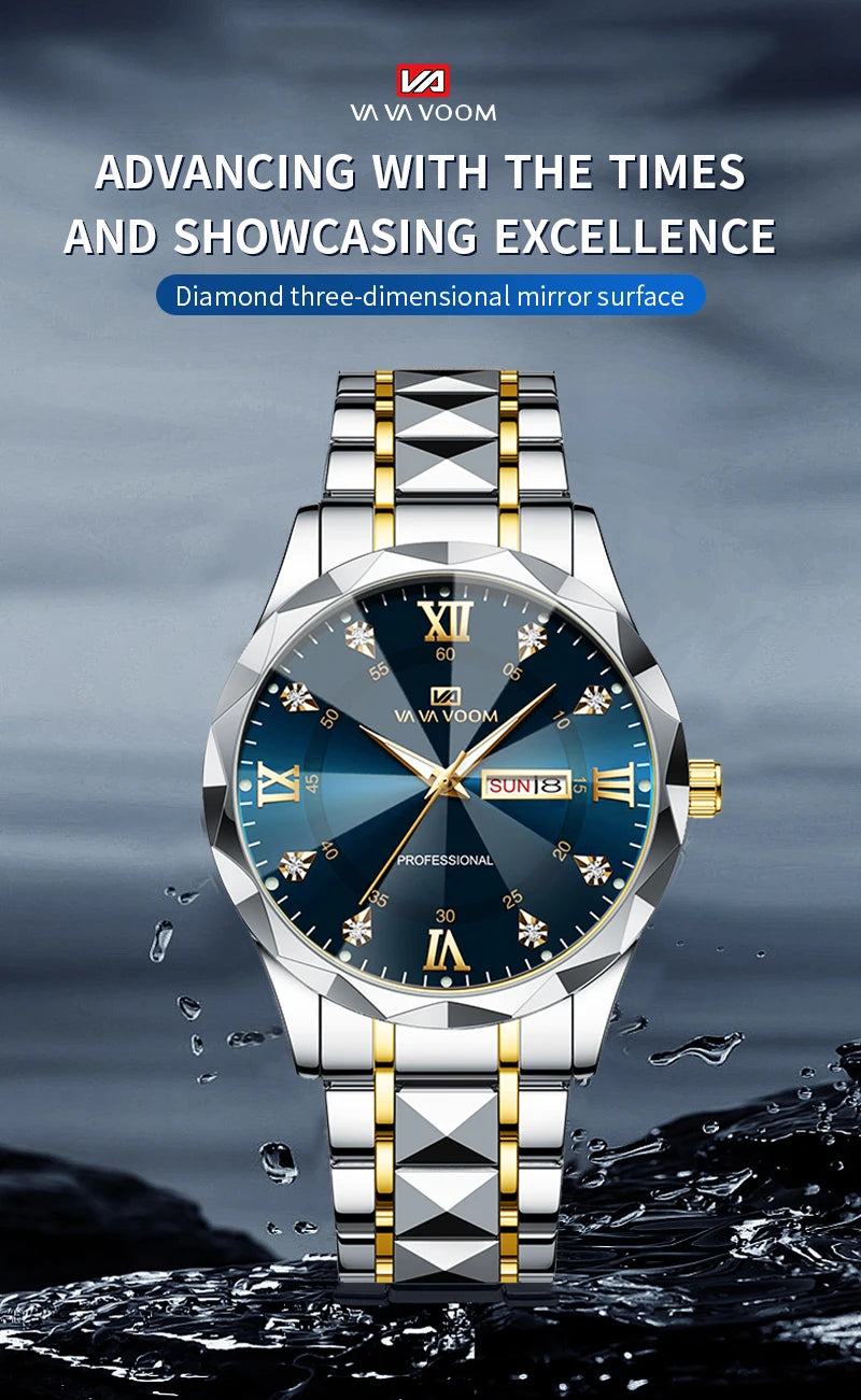 Reloj para hombre con diamantes de agua, lujo, brillo nocturno, doble calendario, movimiento de cuarzo, 41mm, oro azul, acero inoxidable, reloj de negocios de moda