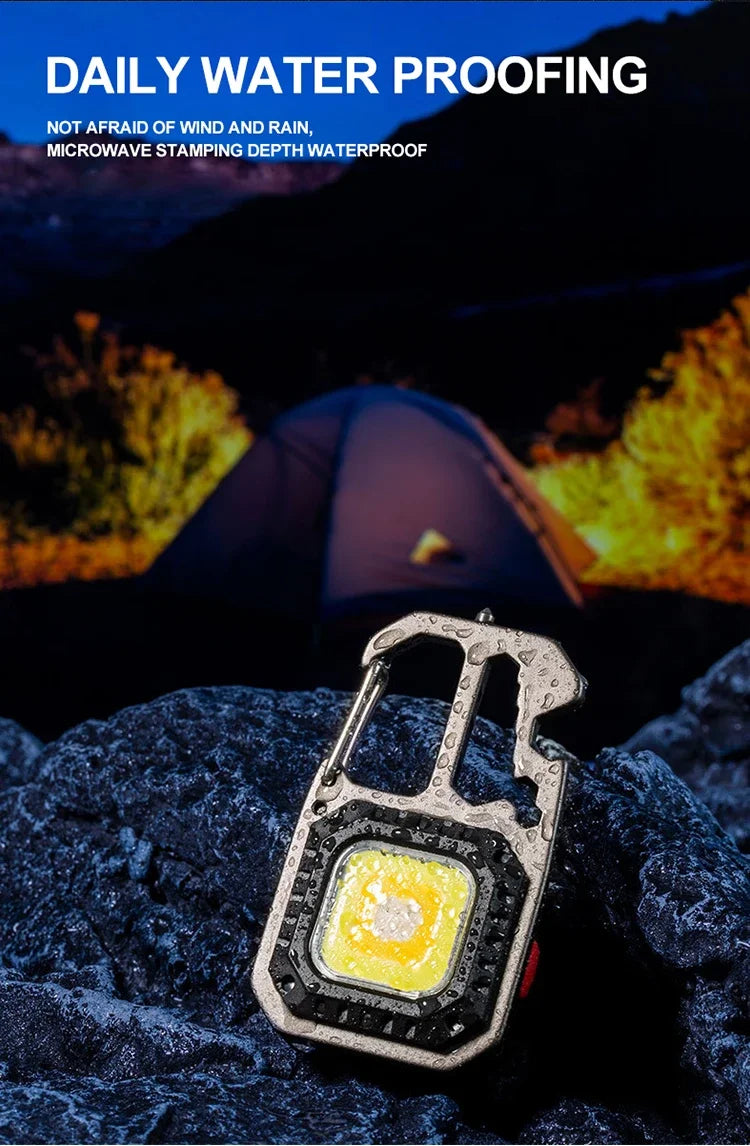 Luz de trabajo con llavero COB con pantalla de batería, luz LED portátil recargable de 8 modos de alto lúmenes para acampar, senderismo y correr