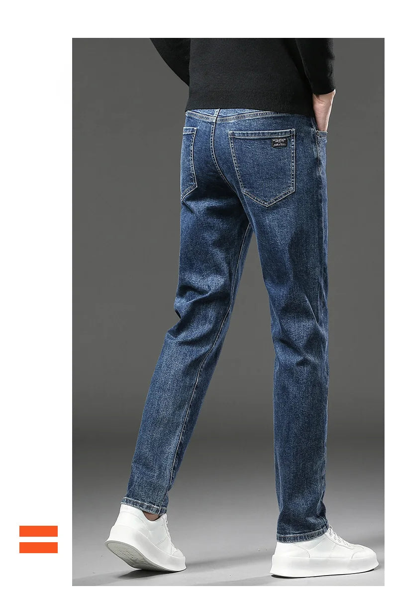 Pantalones vaqueros gruesos y cálidos de lana de invierno para hombre, pantalones vaqueros elásticos rectos ajustados, ropa informal para hombre, pantalones de felpa a la moda