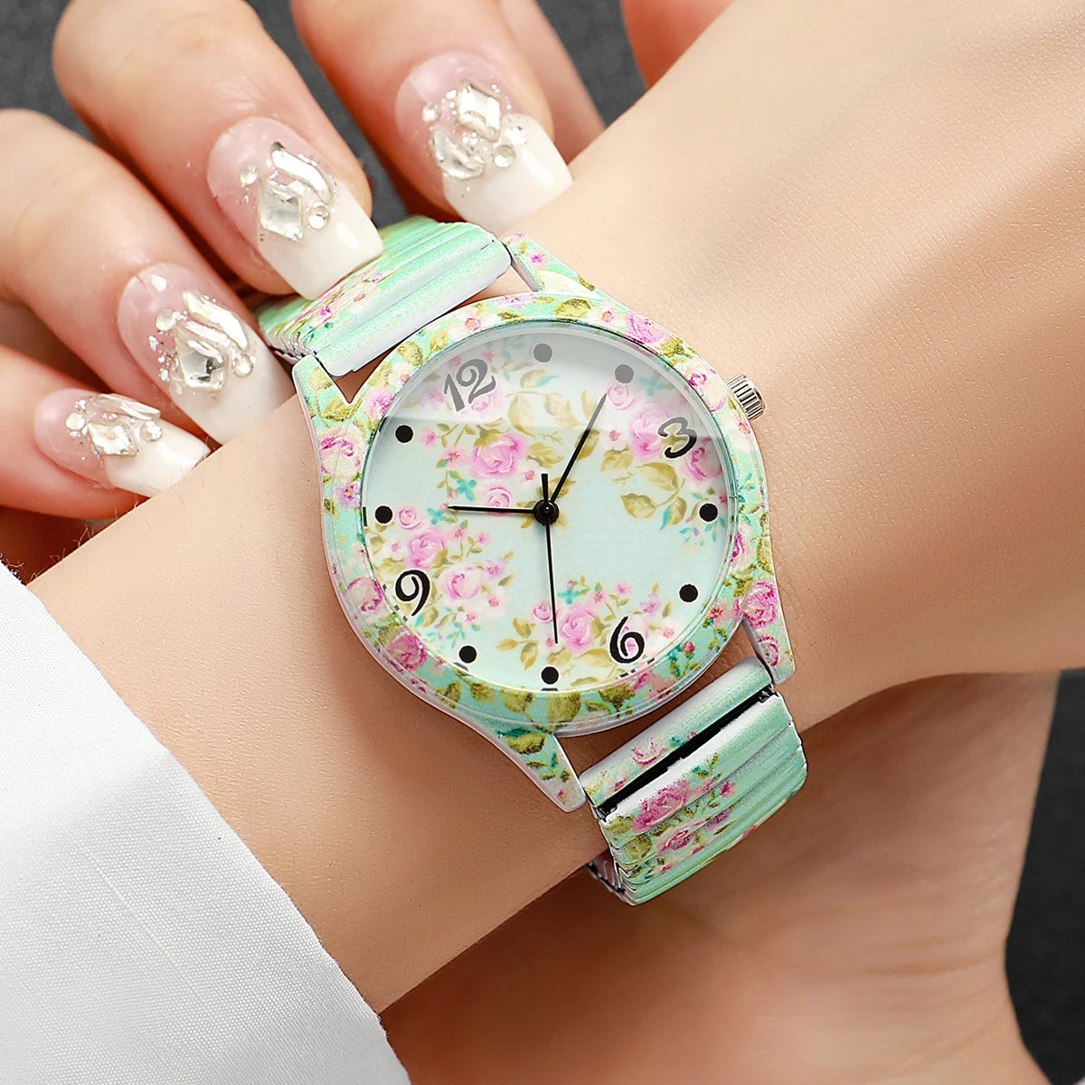2/3 Uds. Conjunto de relojes de pulsera de cuarzo con estampado de flores a la moda para mujer, reloj con esfera árabe con correa elástica informal para mujer (sin caja)