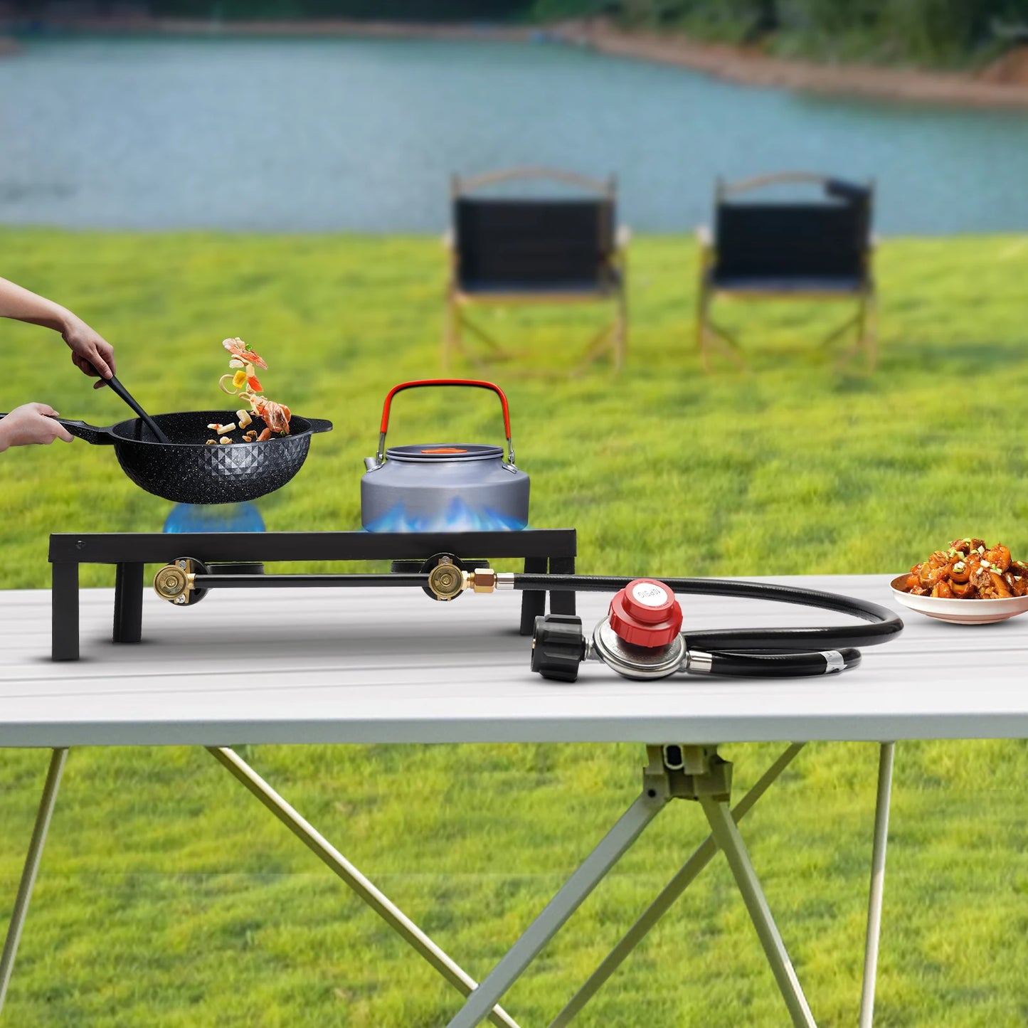 Estufa de gas propano doble para acampar y cocinar al aire libre con manguera reguladora, construcción de hierro duradera 0-10PSI