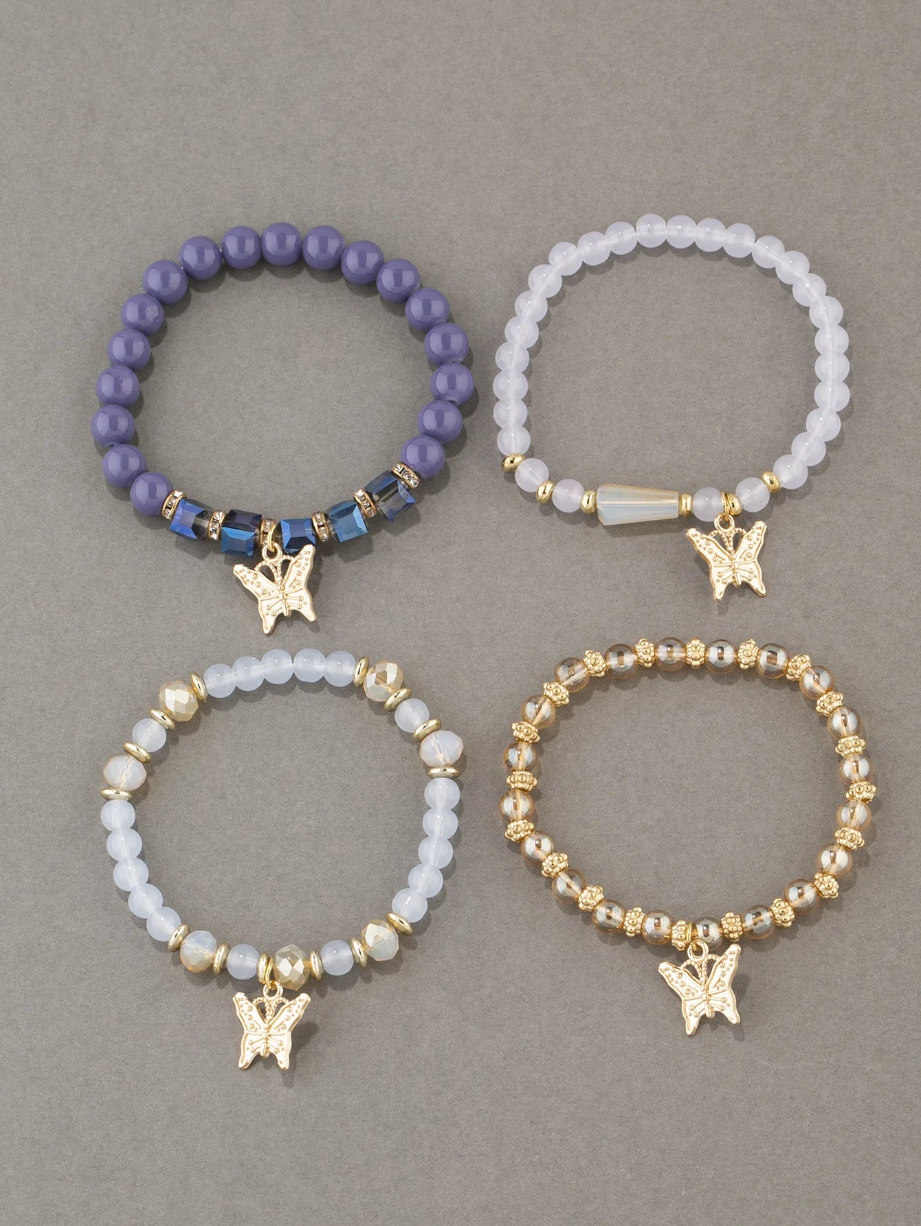 Conjunto de pulsera con cuentas de mariposa para mujer, brazalete de cadena elástica con cuentas acrÃlicas rosas, regalo de joyas de fiesta bohemia, 4 Uds.