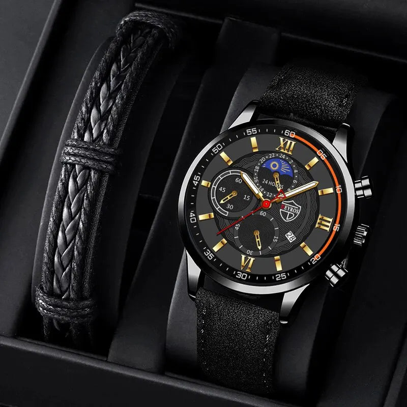 Conjunto de 2 piezas de relojes deportivos de moda para hombre, pulsera de cuero de negocios, reloj de cuarzo informal para hombre, reloj luminoso de lujo para hombre