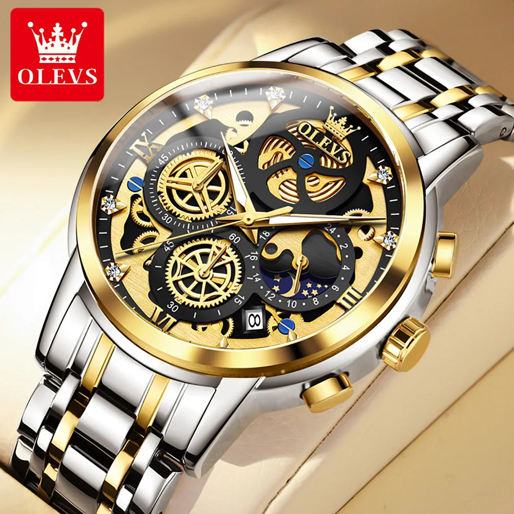 OLEVS-reloj de cuarzo para hombre, cronógrafo de marca superior de lujo, Original, resistente al agua, estilo esqueleto dorado, 24 horas, dÃÂa y noche, nuevo