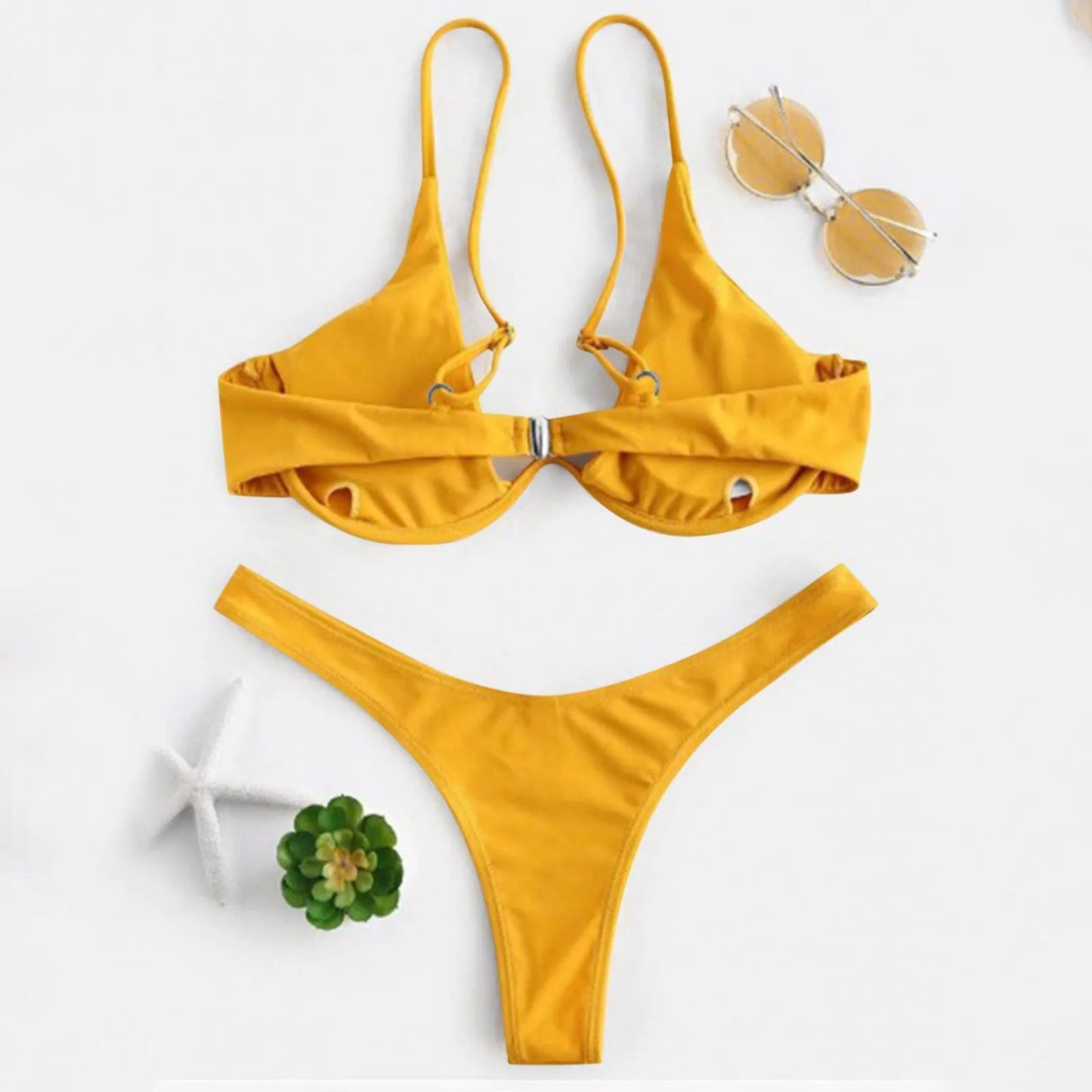 Bikini Sexy con aros para Mujer, traje de baño rojo liso con sujetador de realce, Tanga, traje de baño con cuello Halter y cuello de pico, Mini microtanga 2024