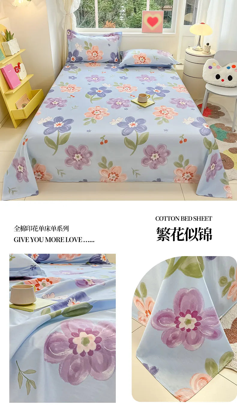 Sábana de algodón 100% con estampado de flores, sábanas dobles para niñas y niños, ropa de cama individual Queen King Size, 1 Uds.