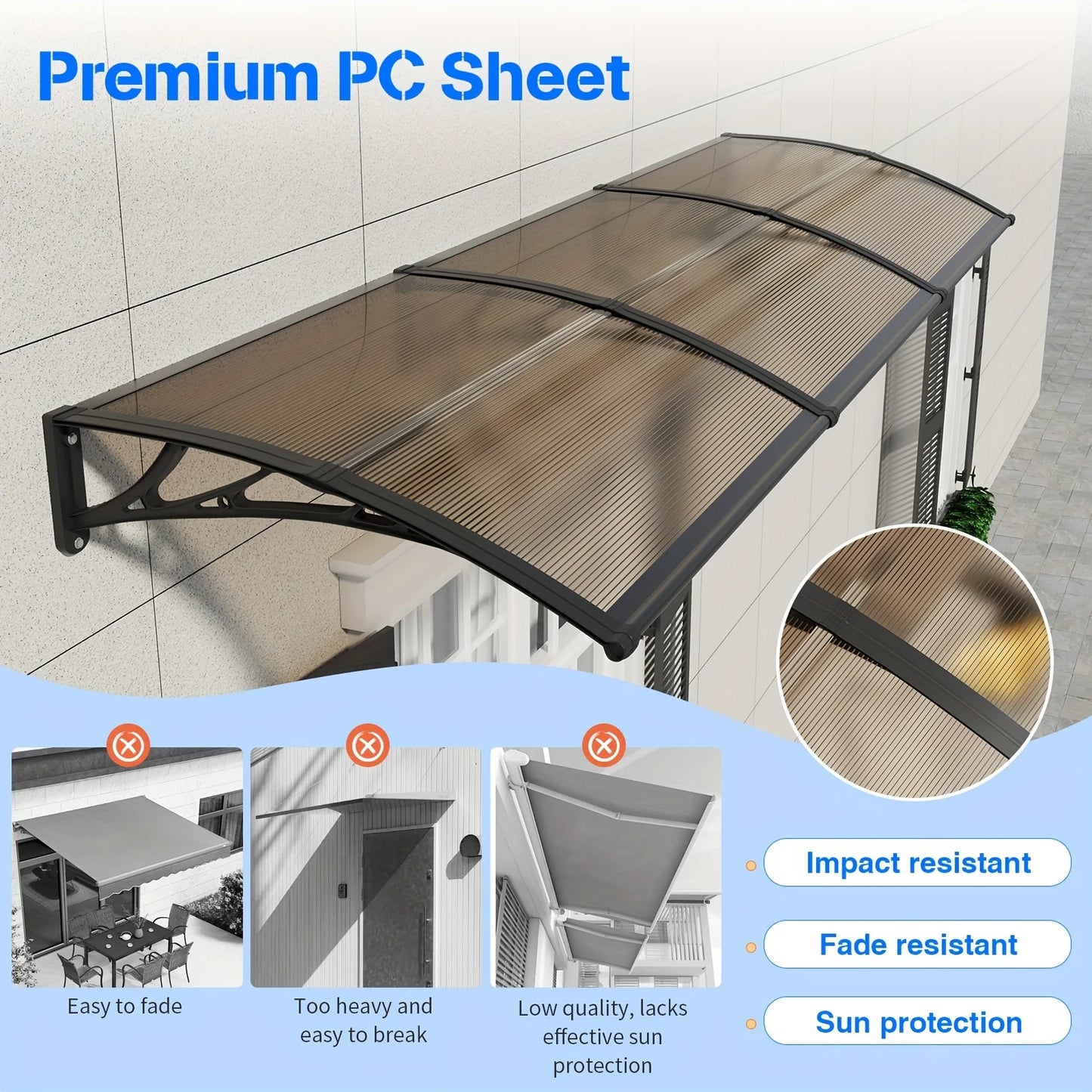 Toldo para puerta ventana UV lluvia nieve protección solar hoja hueca de policarbonato dosel exterior fácil de instalar