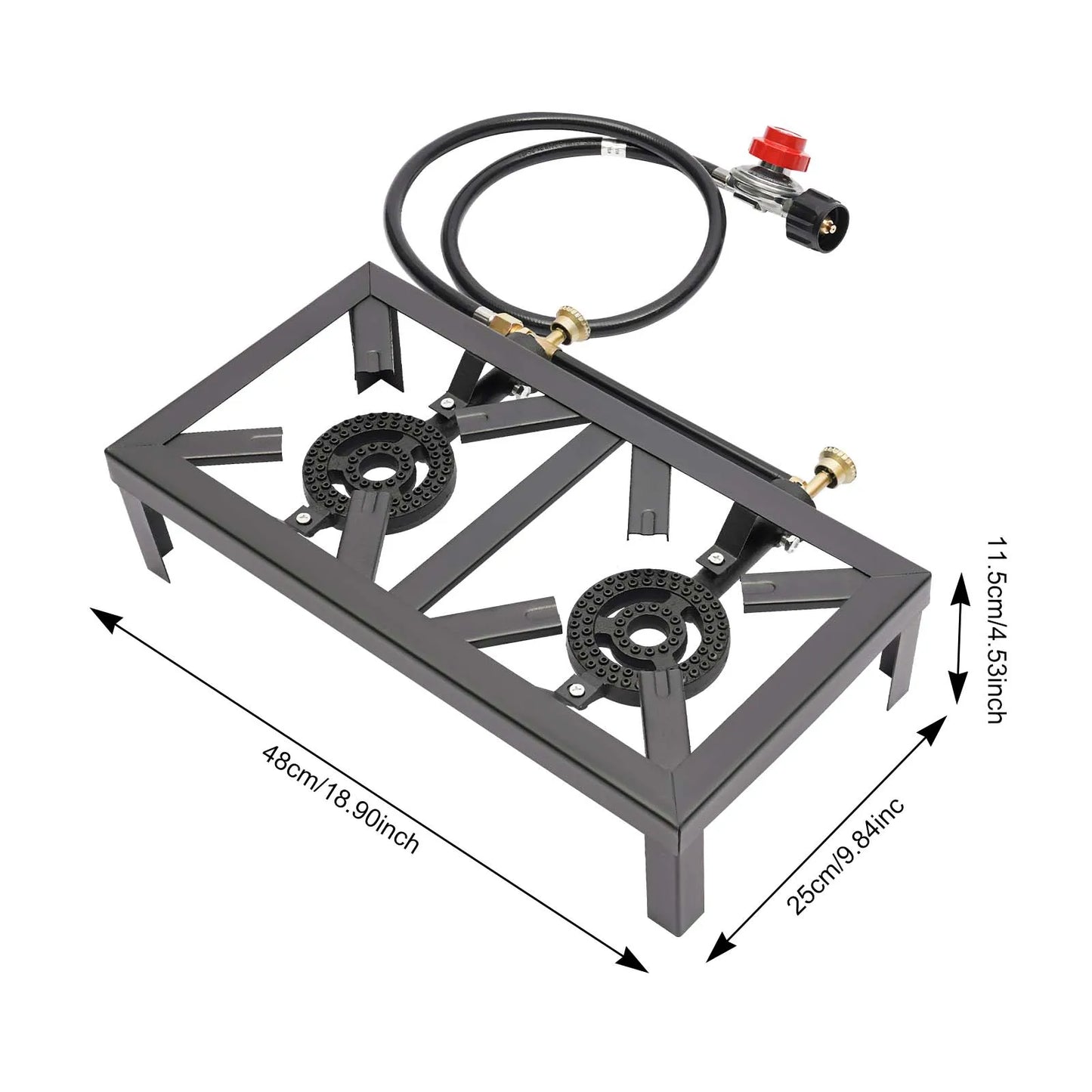 Estufa de gas propano doble para acampar y cocinar al aire libre con manguera reguladora, construcción de hierro duradera 0-10PSI
