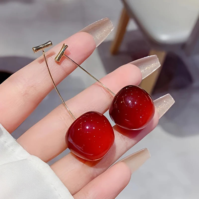 Pendientes de cereza roja dulce para mujer, pendientes colgantes con diseño de fruta delicada a la moda, joyerÃa coreana para fiesta de boda, regalo