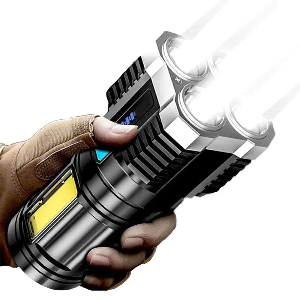Linterna LED de luz fuerte para acampar, 4 lámparas y luces laterales COB, linterna de mano portátil recargable por USB para exteriores