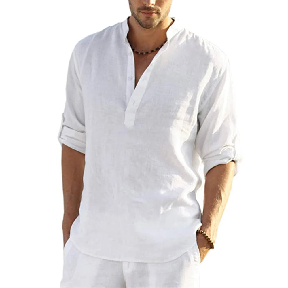 Nueva blusa informal para hombre, camisa de lino y algodón, camisetas holgadas, camiseta de manga larga, camisas informales para hombre guapo para primavera y otoño
