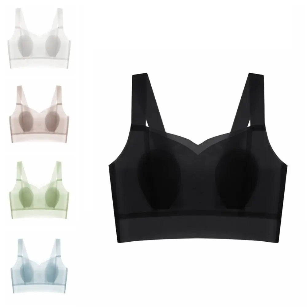 Sujetador ultrafino inalámbrico con escote en V profundo para mujer, sujetador sin costuras con pechos recogidos de seda helada, lencería de Copa grande, sujetadores push-up, regalos
