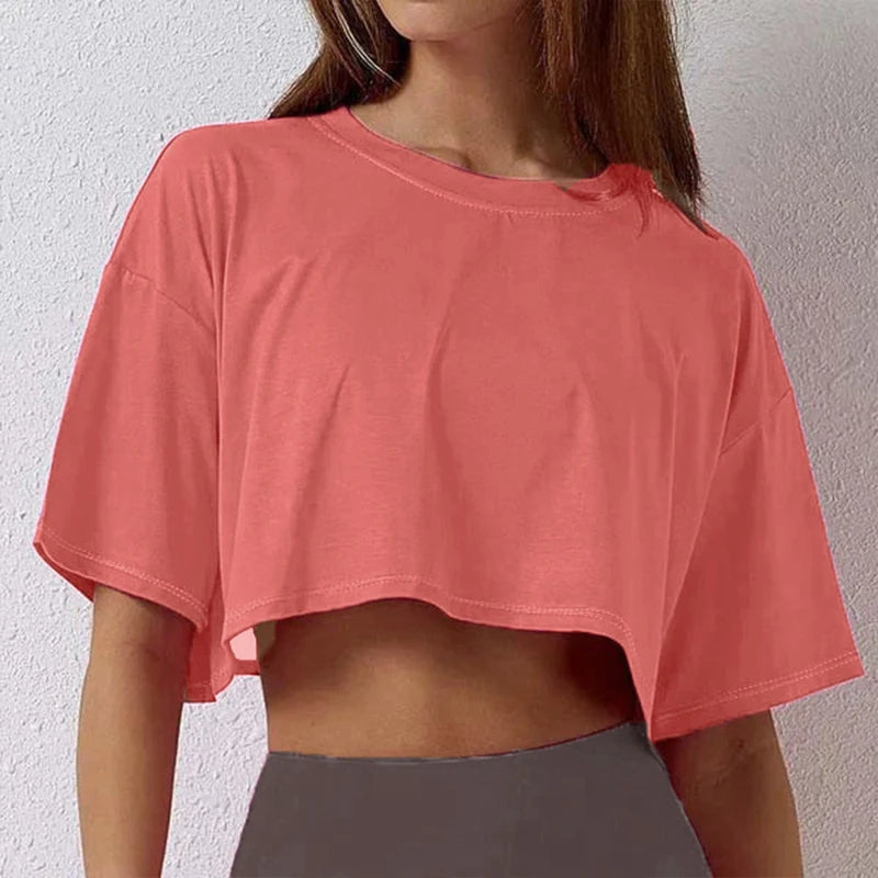 Ropa de algodón de manga corta para mujer, ropa para correr y bailar, Top corto para Yoga y Fitness, Camiseta deportiva holgada para el ombligo, camisetas de entrenamiento para gimnasio