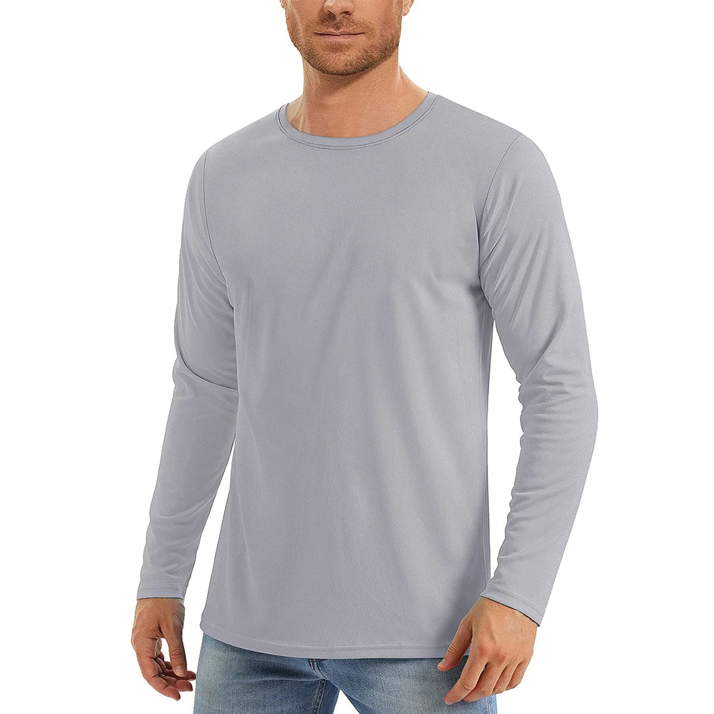 Camiseta con protección solar UV UPF50 + para hombre, camisetas de secado rápido con cuello redondo y manga larga de Color sólido para senderismo al aire libre y pesca