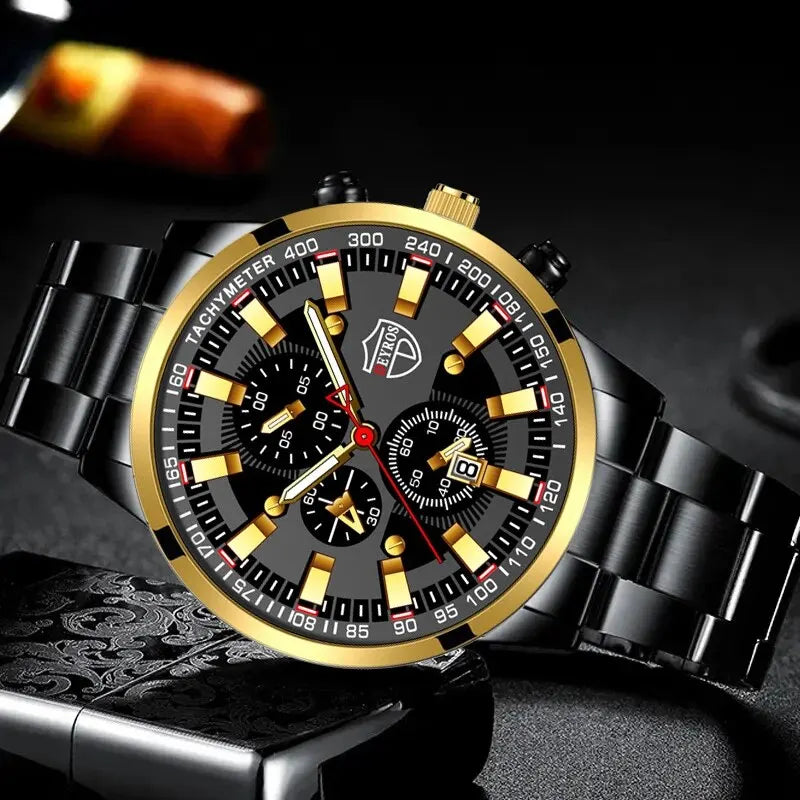 Reloj de cuarzo con banda de acero Digital con aguja dorada para hombre, informal, de lujo, con calendario, diseñado para hombres exitosos, clásico