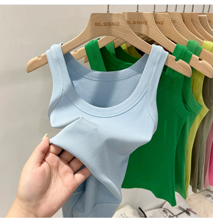 Zjaiss, camiseta sin mangas acanalada con cuello redondo liso para mujer, camisola para mujer, camiseta sin mangas elástica básica de verano 2025, camiseta sin mangas sólida con cuello redondo