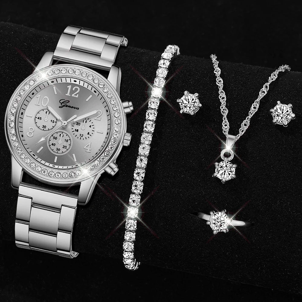 Juego de 5 piezas de reloj de oro para mujer, anillo de lujo, collar, pendientes, diamantes de imitación, reloj de pulsera de moda, relojes casuales para mujer, conjunto de pulsera