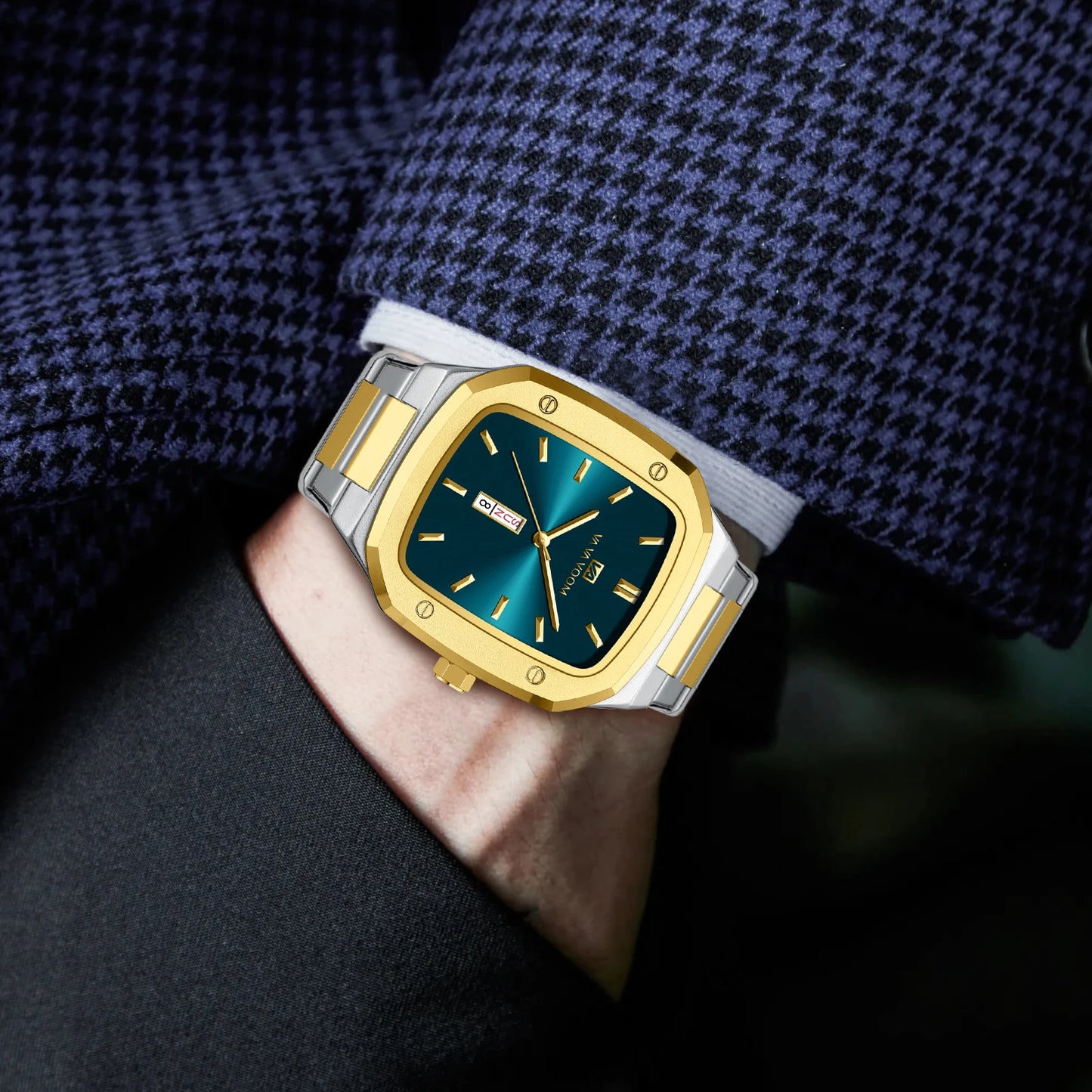 2024 nuevo reloj para hombre, correa cuadrada de acero inoxidable a la moda, oro azul, 3Bar, calendario semanal de cuarzo, reloj de pulsera deportivo de negocios simulado