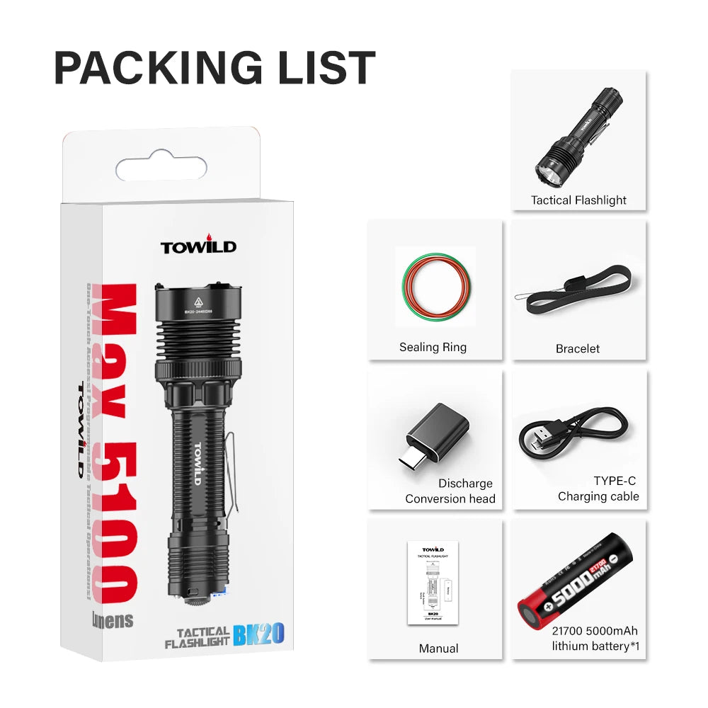 TOWILD BK20 linterna táctica recargable 5100lm linterna Led ultrapotente IPX8 de largo alcance 450m para Camping iluminación exterior