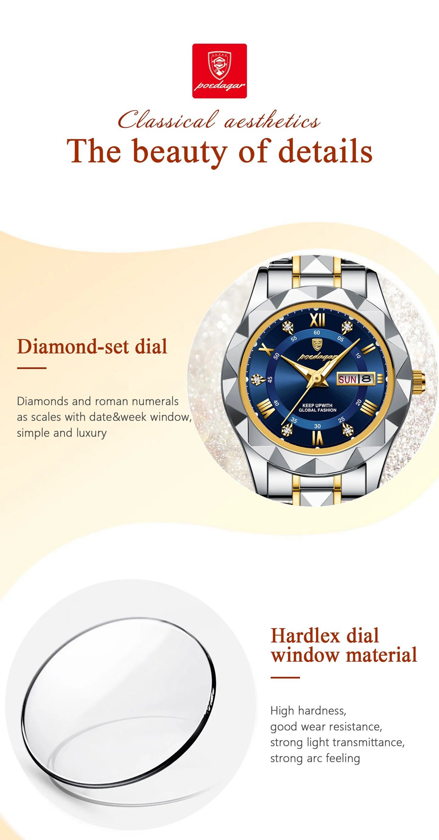 POEDAGAR, reloj de lujo para mujer, luminoso, resistente al agua, con fecha semanal, reloj de pulsera para mujer, relojes de cuarzo de acero inoxidable para mujer, reloj + caja