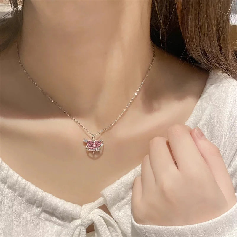 Collares con colgante de circonio y corazón de planeta rosa Y2K para mujer, collar de cadena de clavÃcula estética a la moda, regalo del DÃa de San ValentÃn, joyerÃa para fiesta