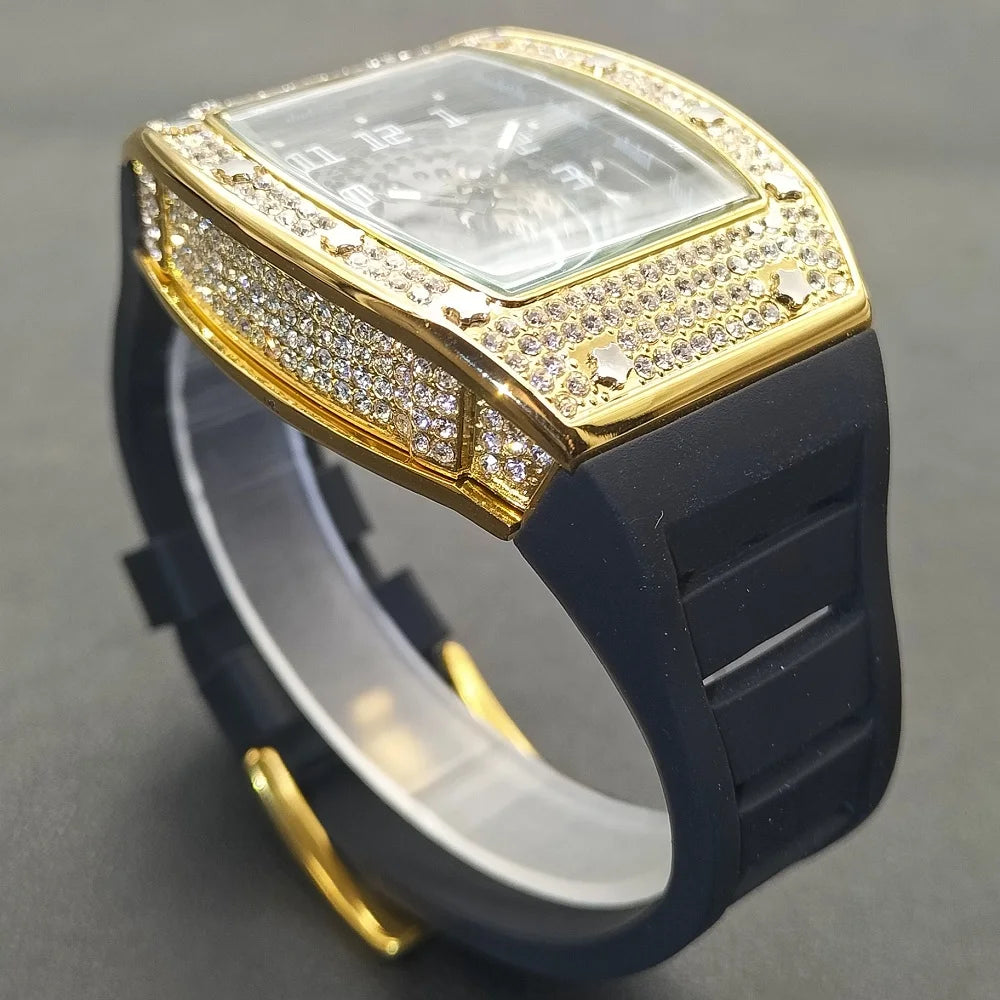 MISSFOX, nuevos relojes de pulsera para hombre, correa de goma Tonneau, reloj de cuarzo resistente al agua para hombre, relojes huecos de oro clásicos únicos para hombre, regalos