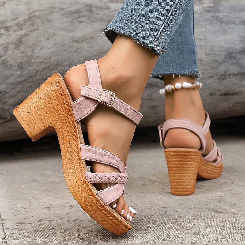 Sandalias de tacón alto trenzadas para mujer, sandalias de gladiador con plataforma gruesa de verano 2024, zapatos informales de playa con correas en el tobillo para vacaciones