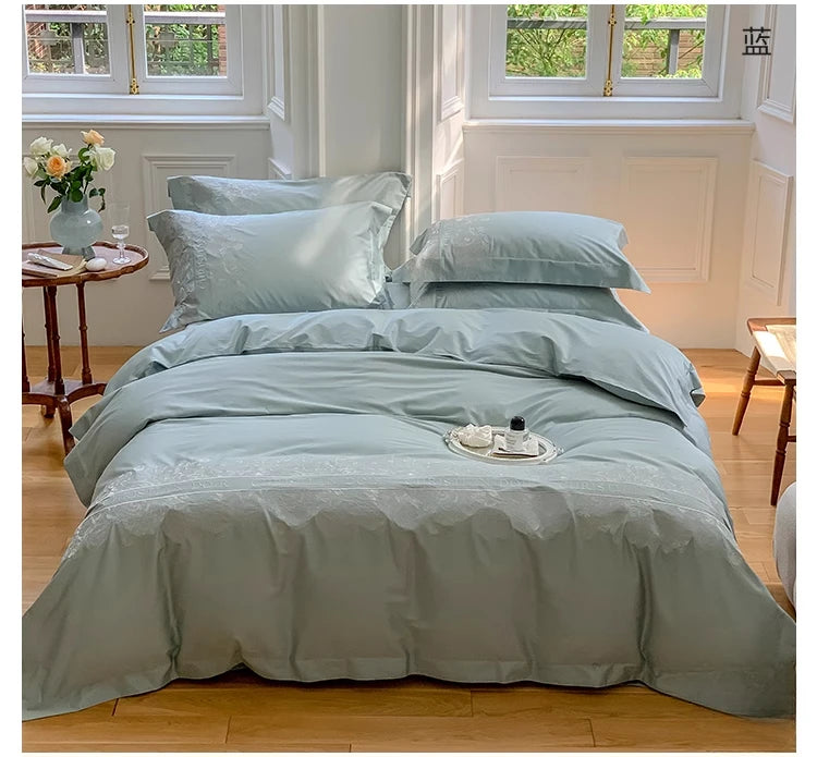 Juego de cama de algodón de grapa larga de 100 unidades, funda nórdica bordada con patrones de flores y plantas, Sábana bajera tamaño Queen TwinFull
