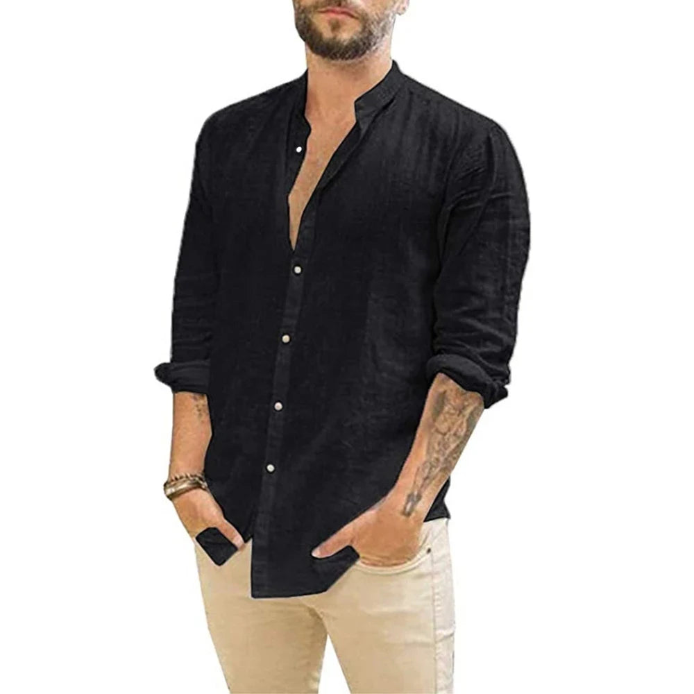 Camisas de manga larga para hombre, gran oferta de lino y algodón, Color sólido, cuello levantado, estilo informal de playa de talla grande, verano