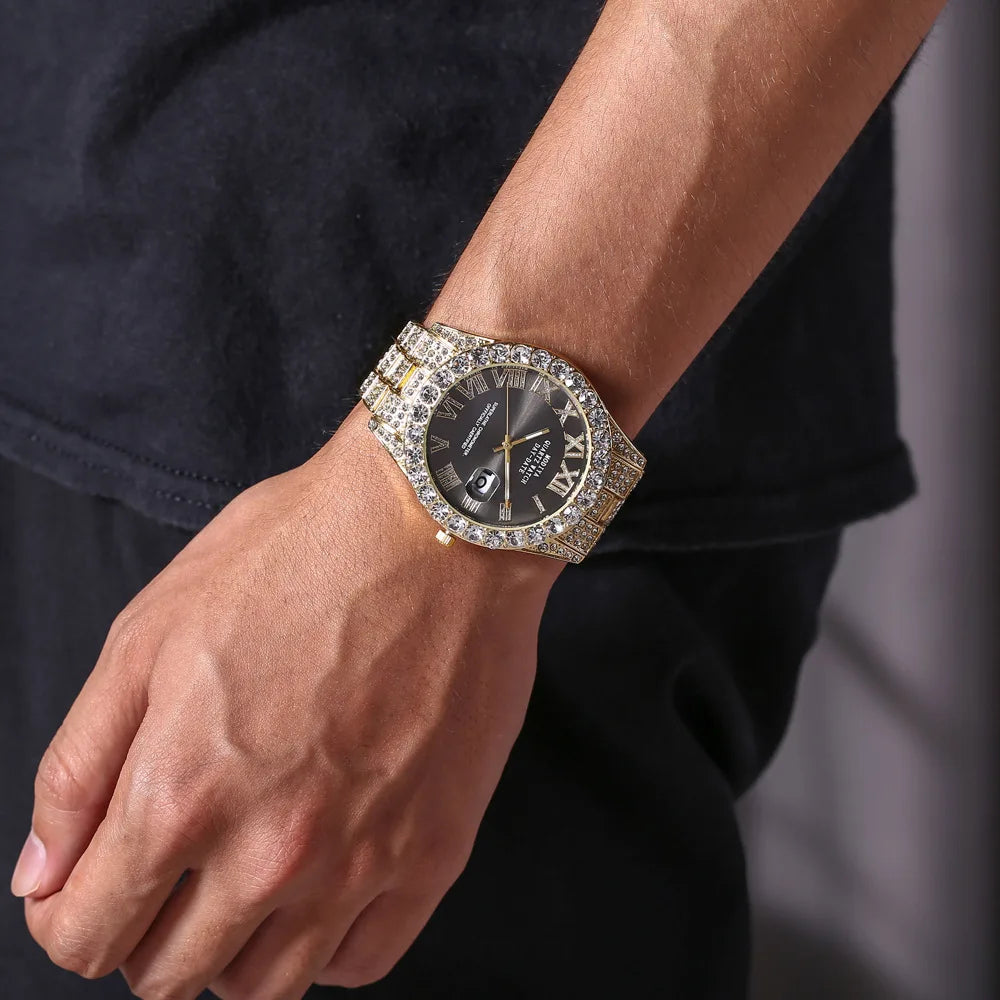 Reloj de cuarzo con correa de acero dorado para hombre, cronógrafo clásico de lujo, con calendario de diamantes de imitación, a la moda
