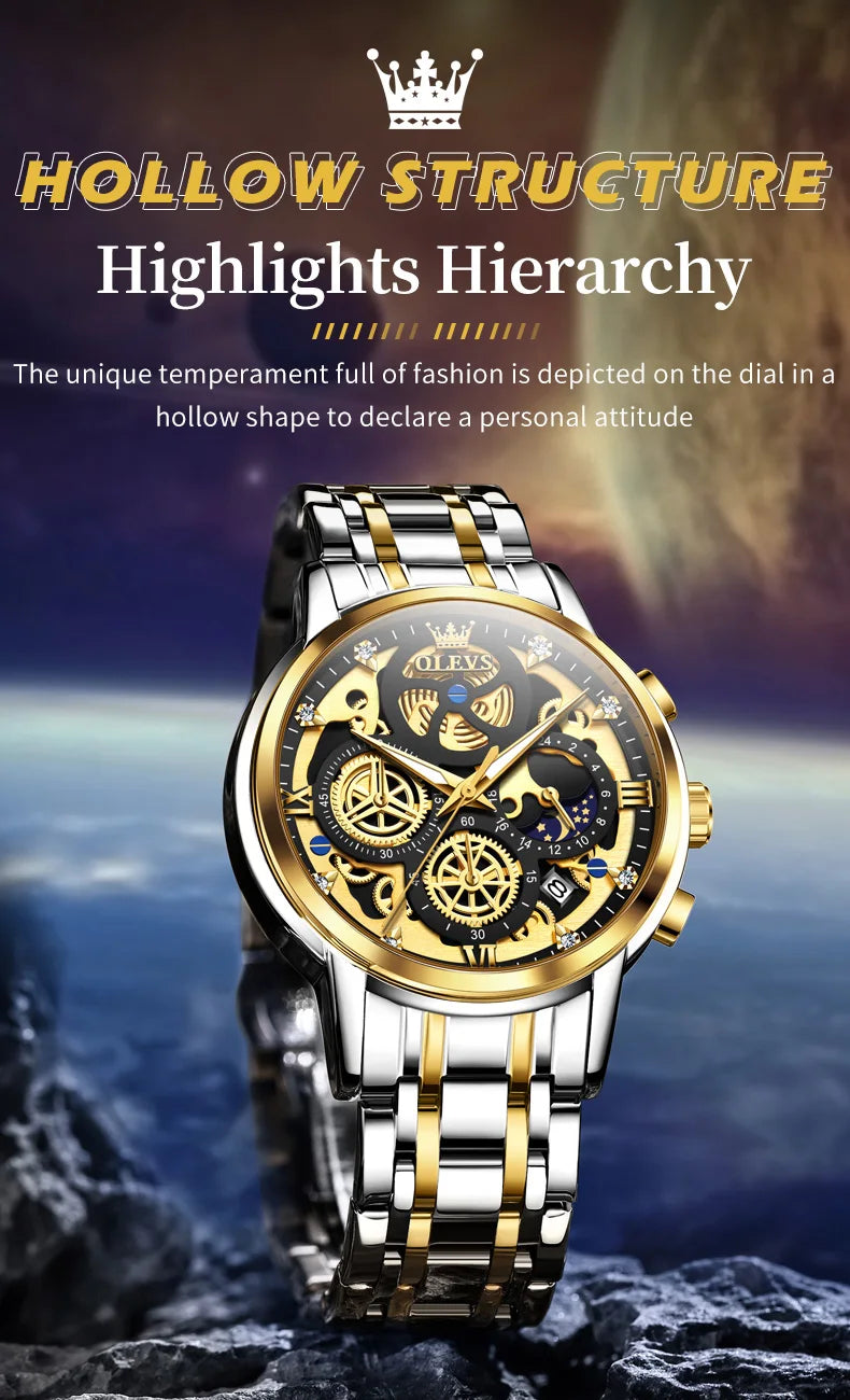 OLEVS-reloj de cuarzo para hombre, cronógrafo de marca superior de lujo, Original, resistente al agua, estilo esqueleto dorado, 24 horas, dÃÂa y noche, nuevo