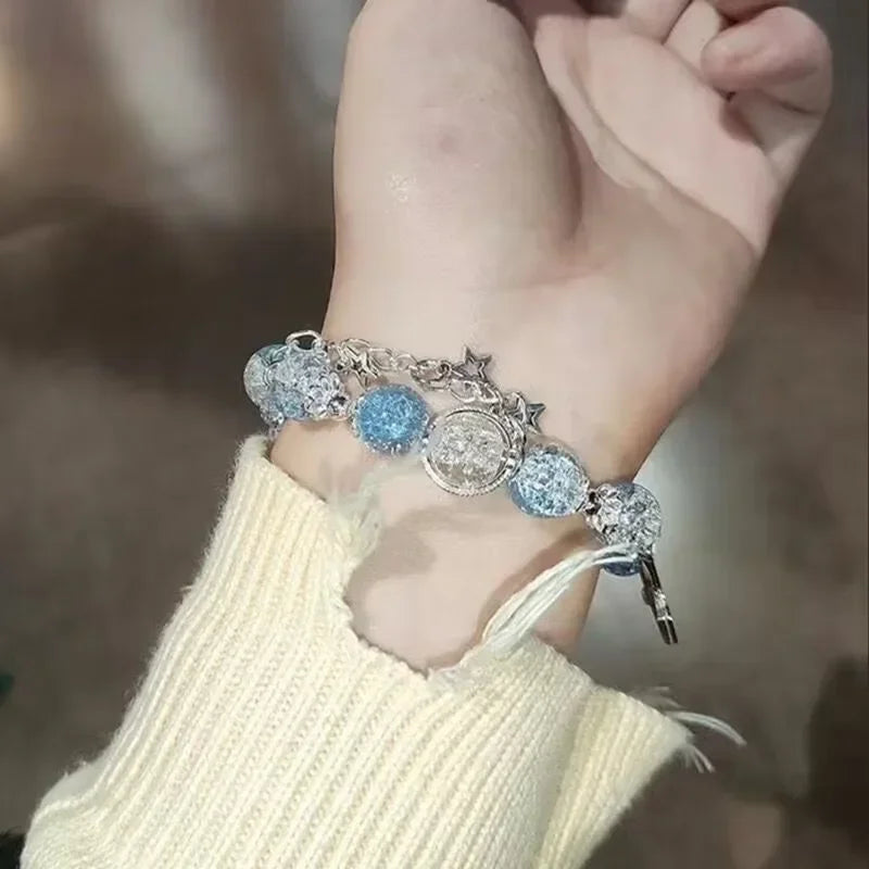 Pulsera con borlas y cadena de estrella para mujer, diseño de nicho, cuentas de cristal azul de fantasÃa, pulsera de cuerda elástica, regalos de joyerÃa para mejores amigos