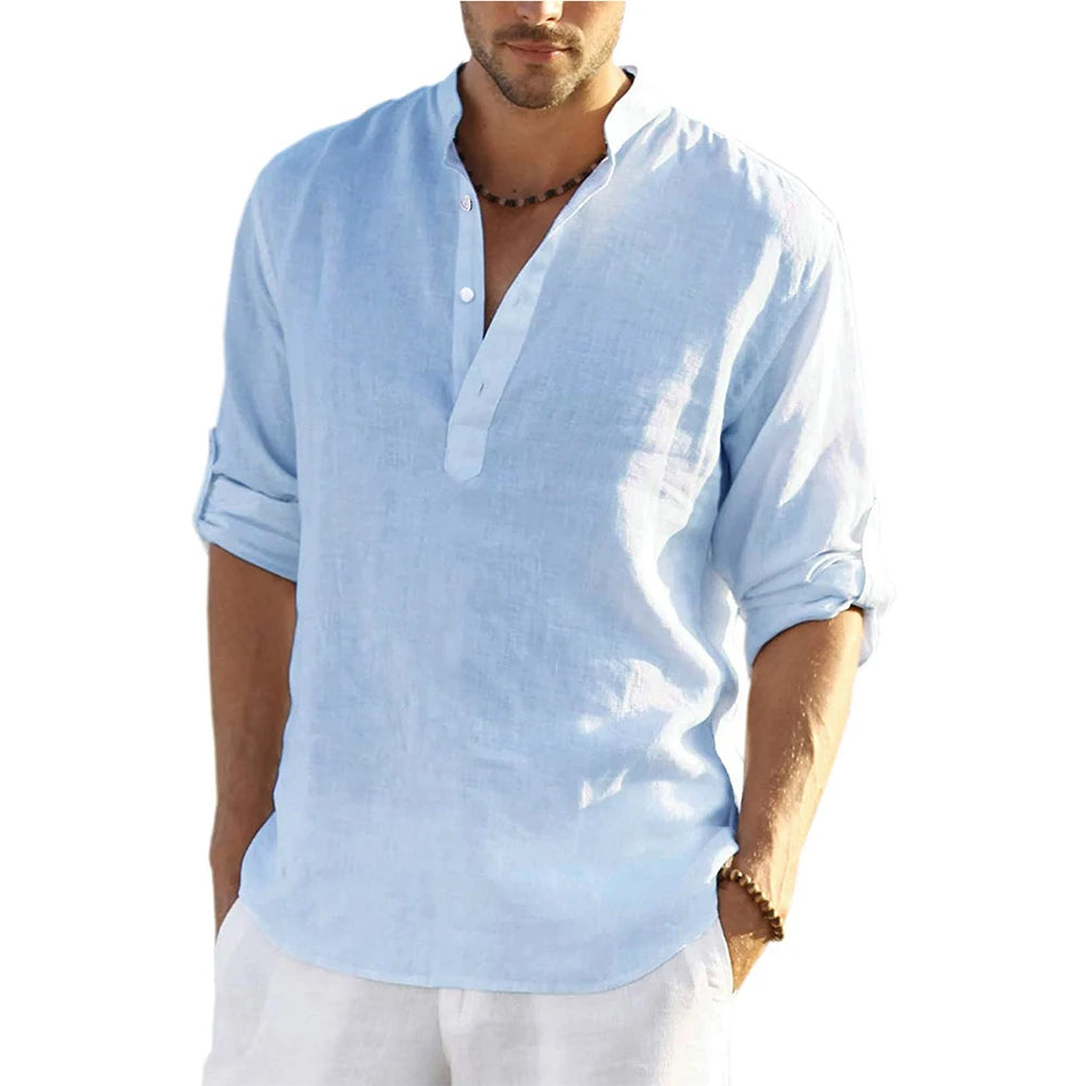 Nueva blusa informal para hombre, camisa de lino y algodón, camisetas holgadas, camiseta de manga larga, camisas informales para hombre guapo para primavera y otoño