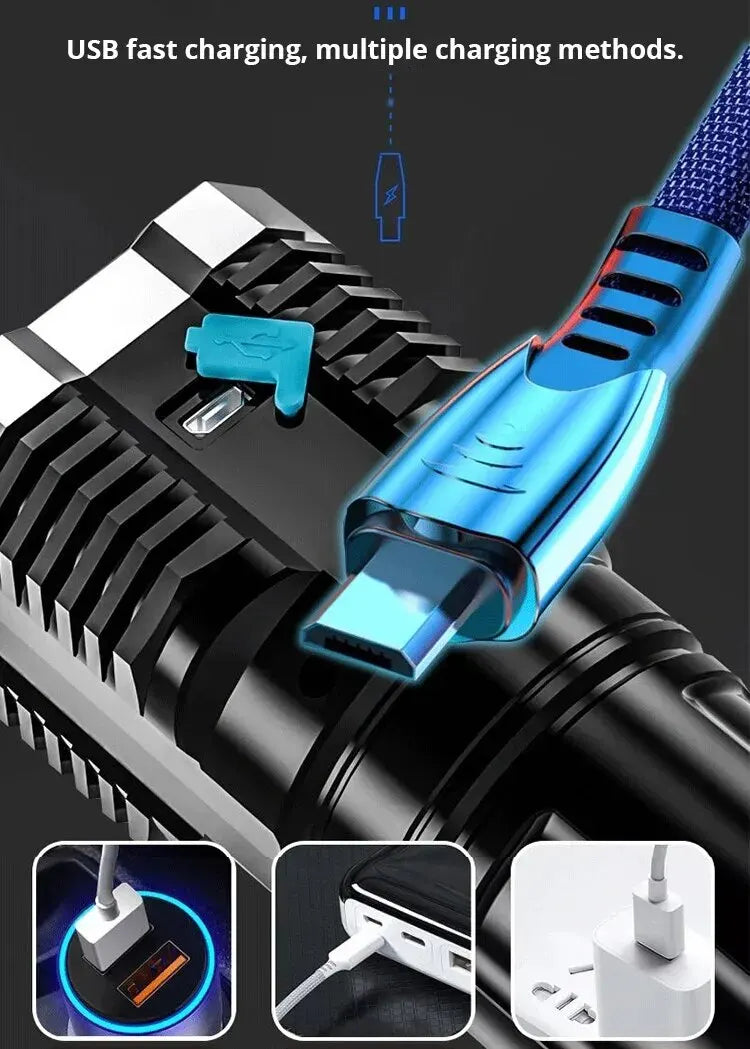 Linterna LED de luz fuerte para acampar, 4 lámparas y luces laterales COB, linterna de mano portátil recargable por USB para exteriores