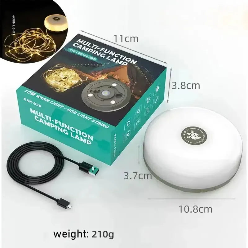 Luz de Camping 4 en 1, guirnalda de luces LED con carrete, lámpara de Camping USB para exteriores, luz LED nocturna reciclable para decoración de tienda de campaña y jardín